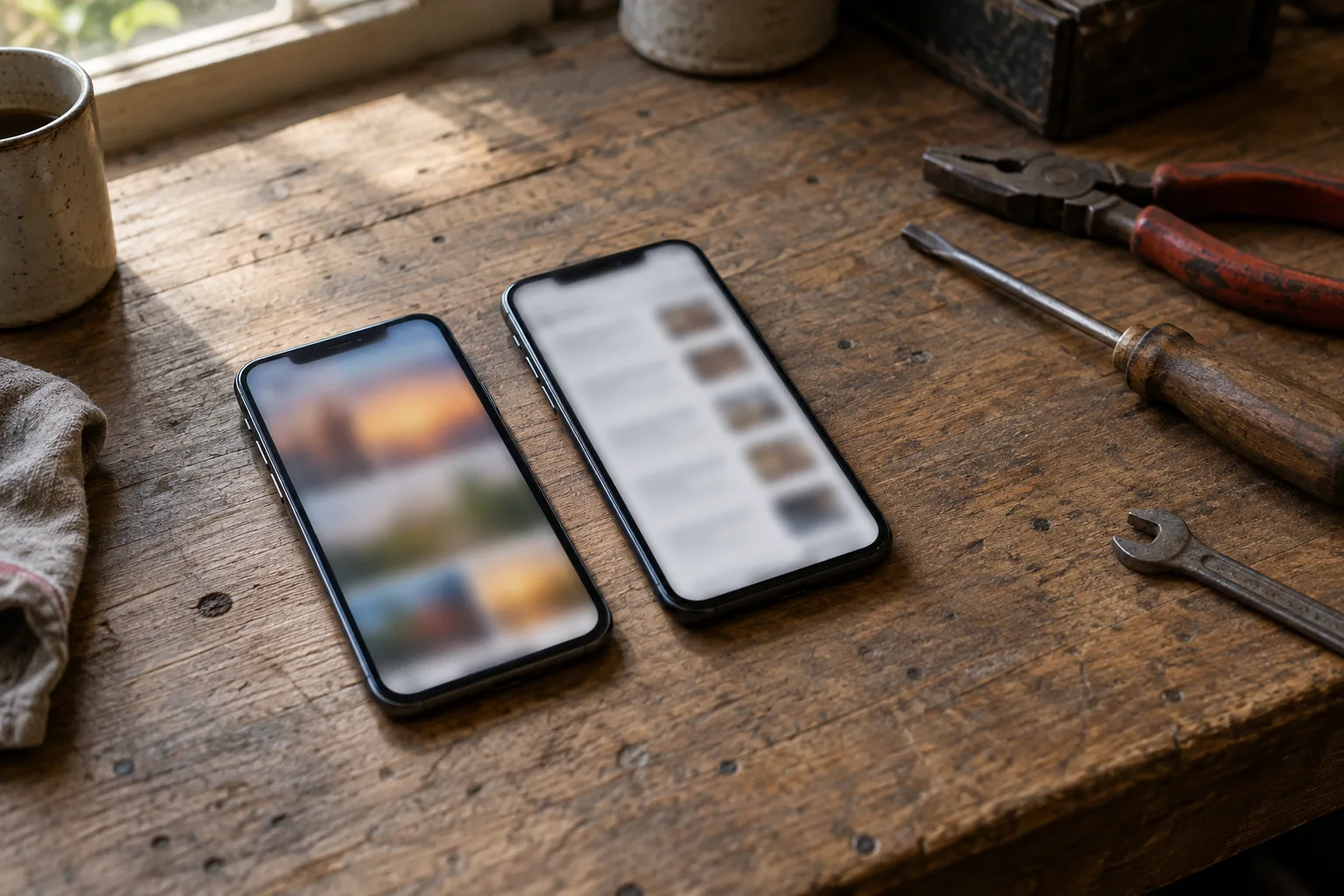 Two phones on a workbench, one showing a photo feed and one showing search results.