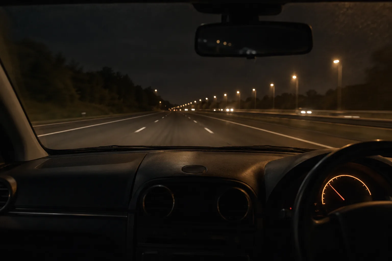 A car dashboard glowing at night with an empty motorway ahead.
