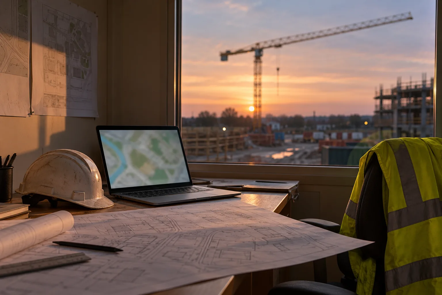 A site cabin desk with a laptop showing a map, drawings, a hard hat and a hi-vis jacket, with a tower crane at sunset through the window.