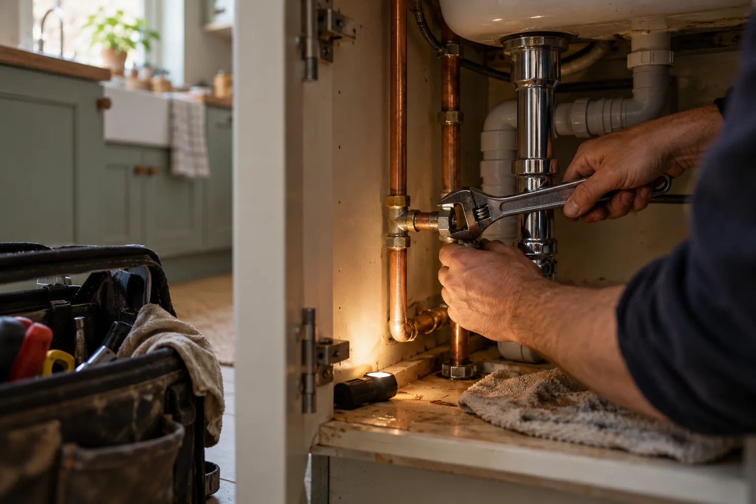 A plumber's hands tightening a fitting under a kitchen sink with a wrench, with copper pipes and a tool bag nearby.