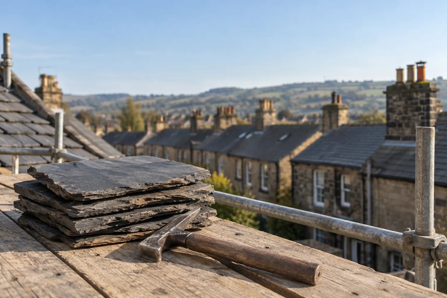 Slate tiles and a roofer's hammer on scaffolding above terraced rooftops.