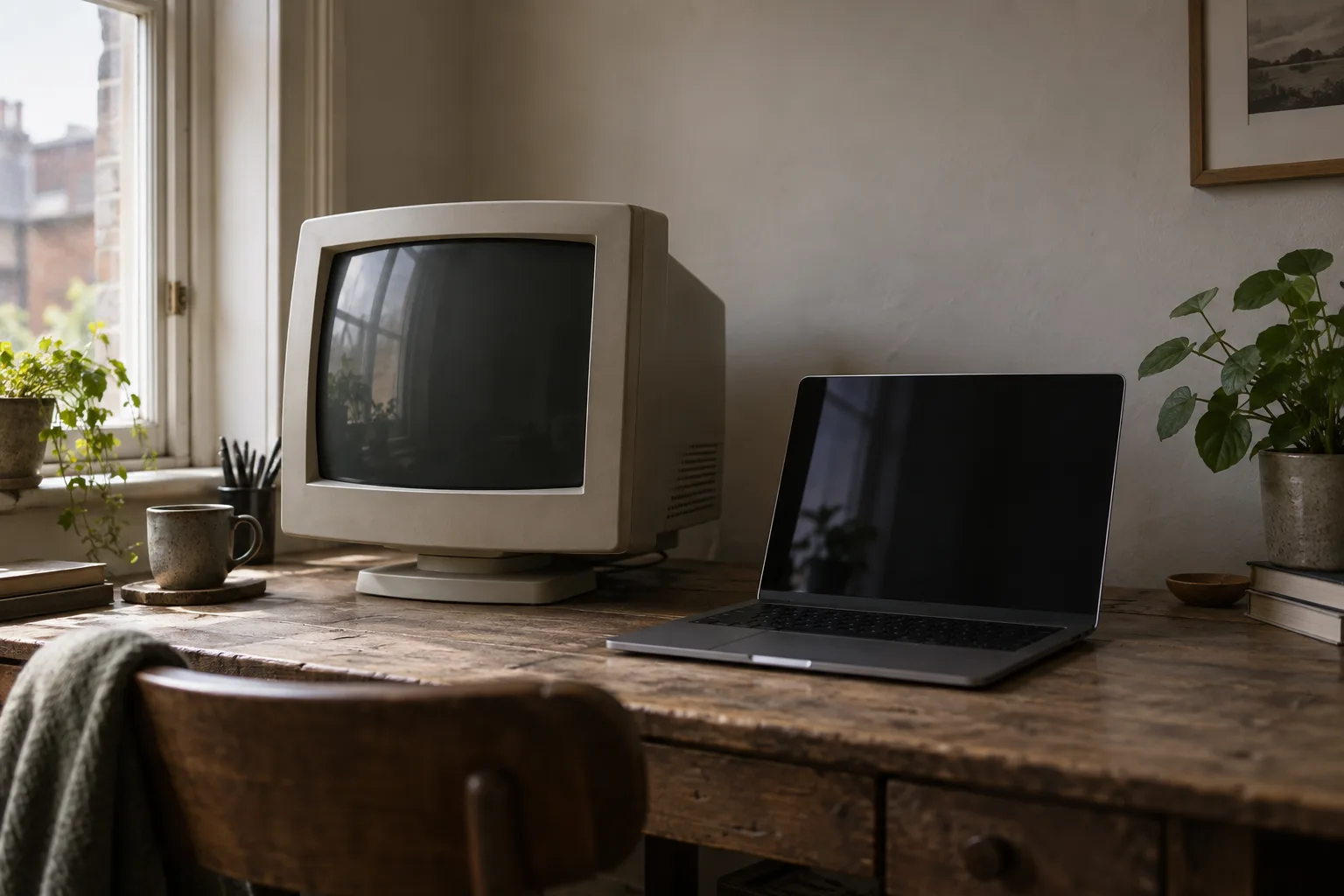 An old CRT monitor beside a modern slim laptop on a desk.