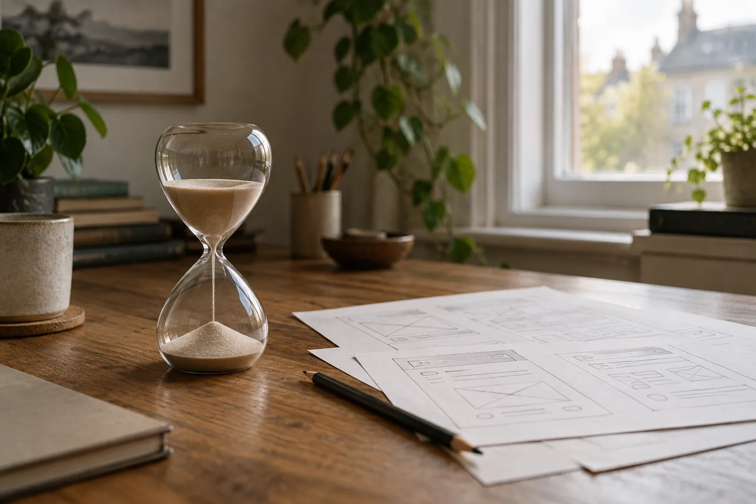 An hourglass on an oak desk beside pencil layout sketches.