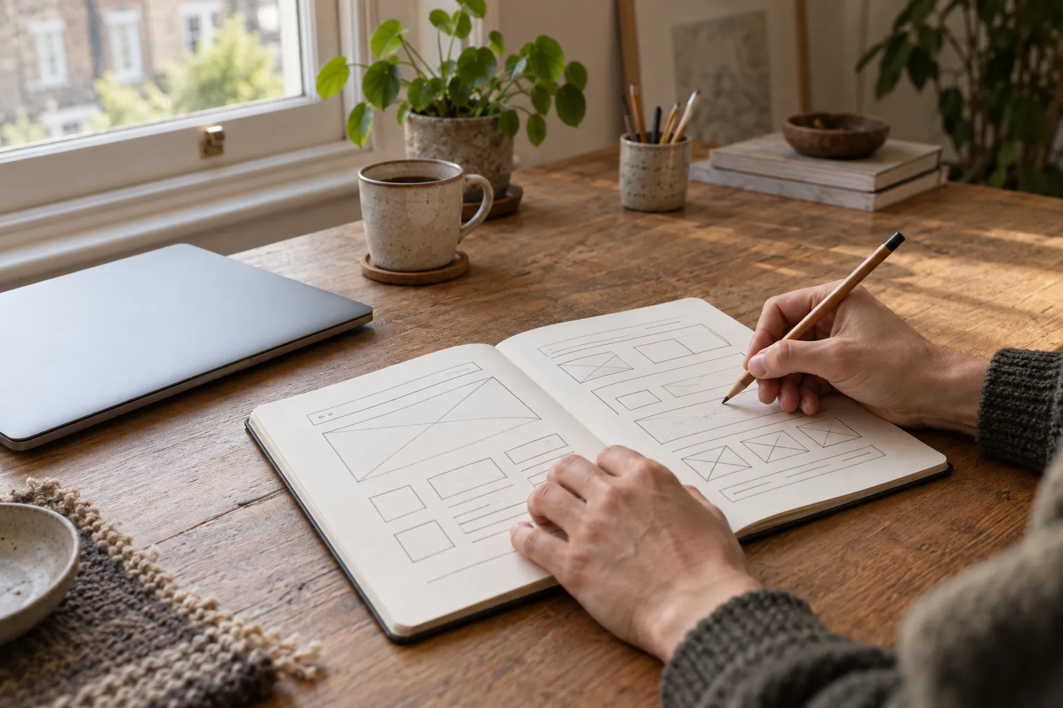 Hands sketching a website layout in a notebook at a sunlit desk.