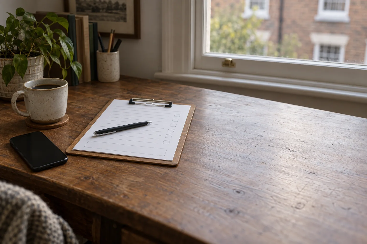 A clipboard with a blank brief form and a pen on a desk.