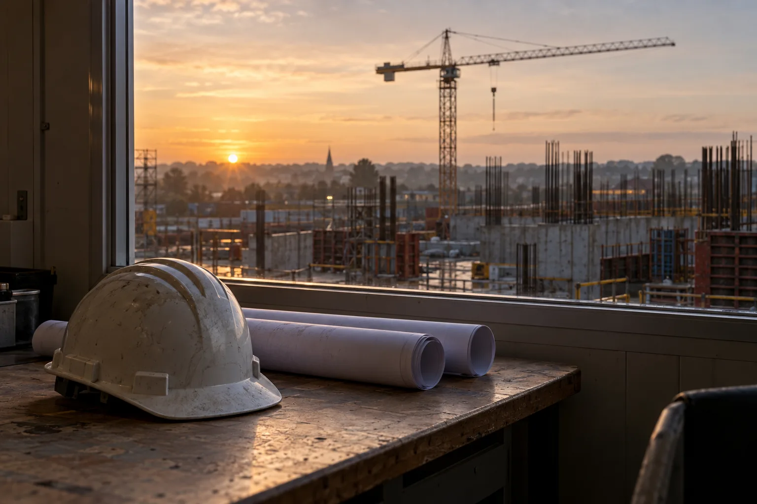 A construction site at dawn with a hard hat and rolled drawings on a site cabin table.
