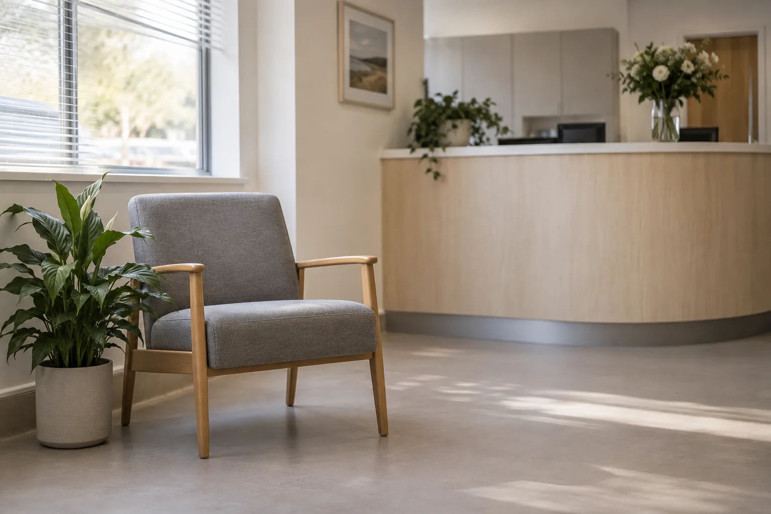 A bright, calm clinic reception with an empty waiting chair and a plant.