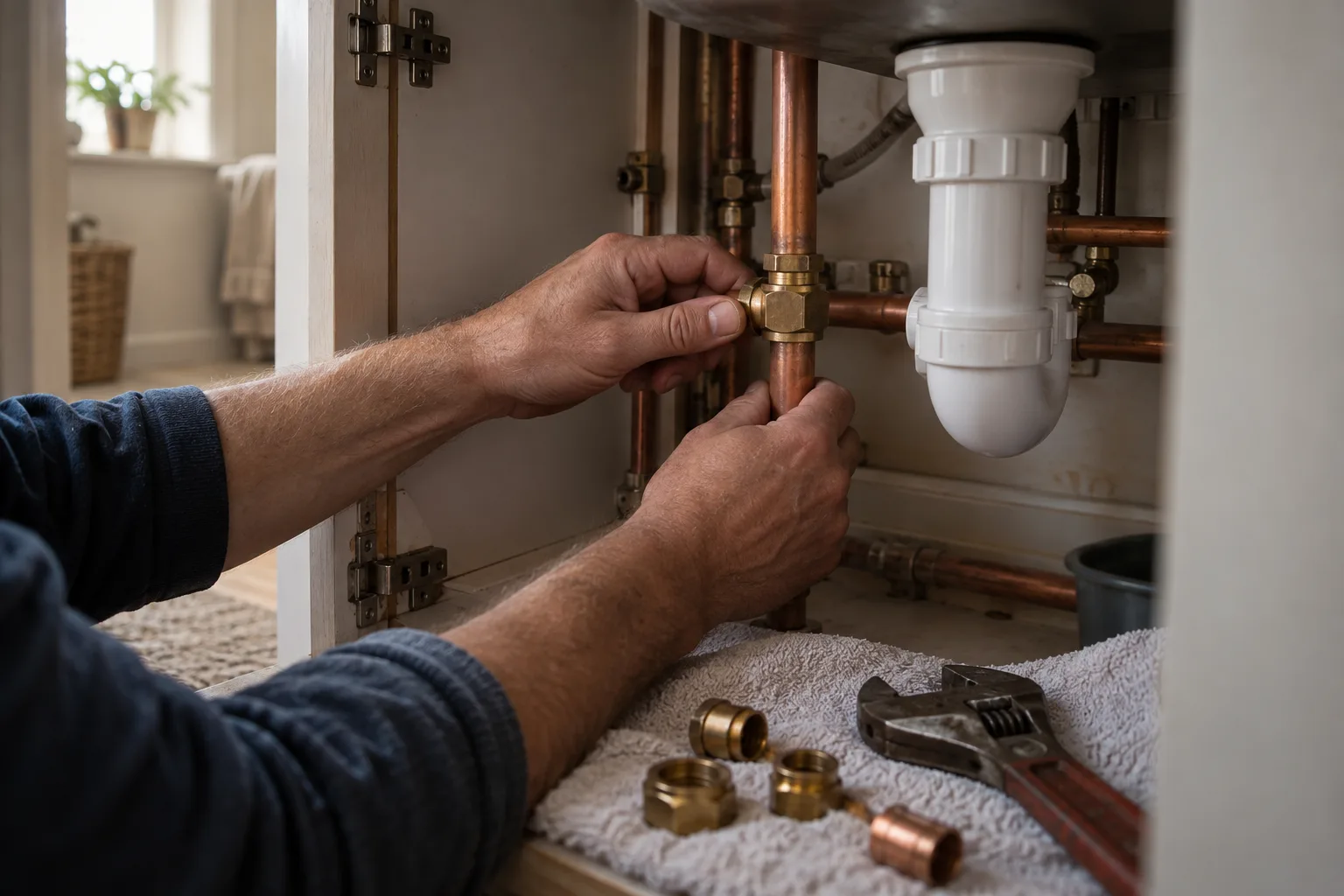 Hands fitting copper pipework under a sink, with a wrench and fittings laid out.
