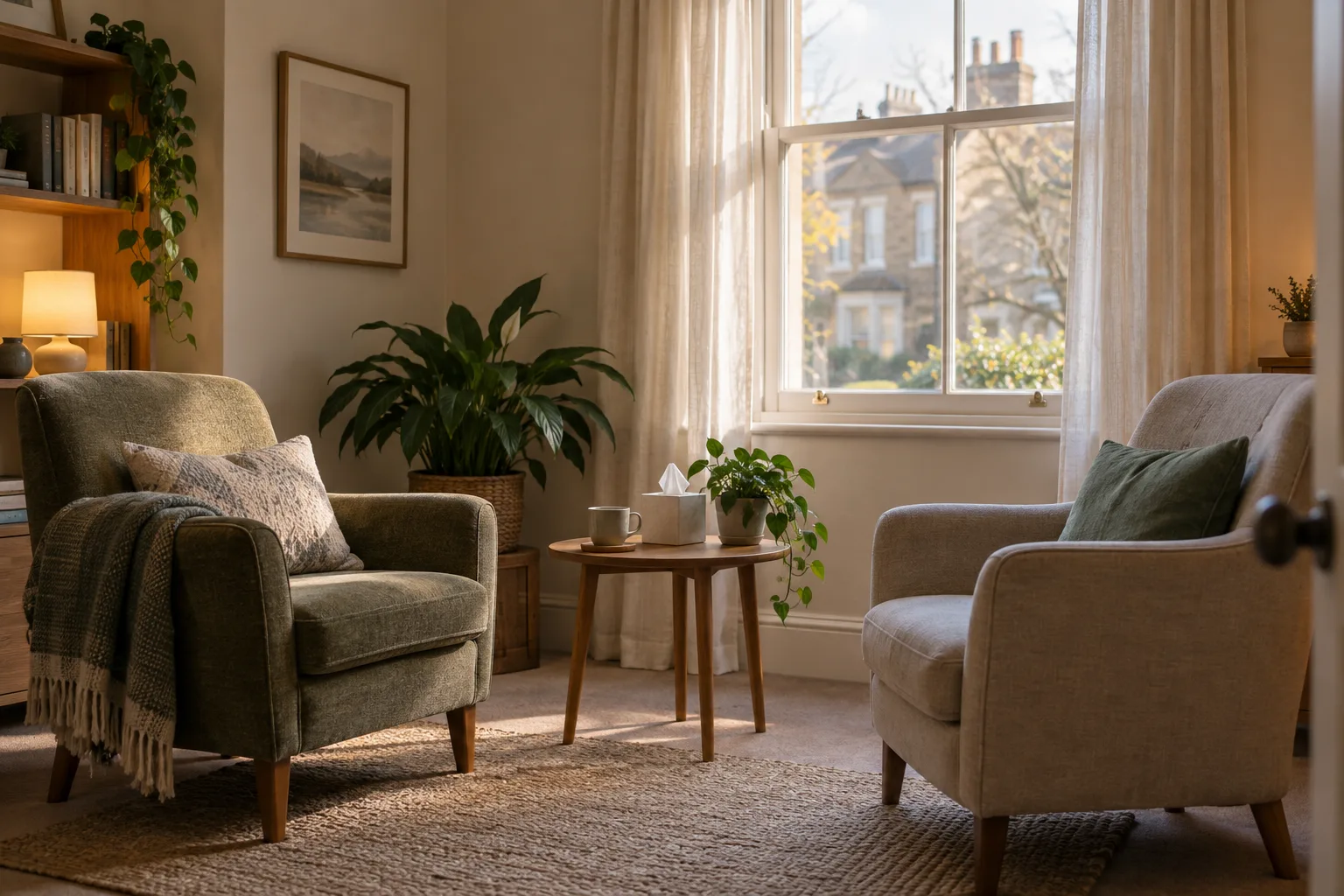 A quiet therapy room with two armchairs, a plant and soft afternoon light.