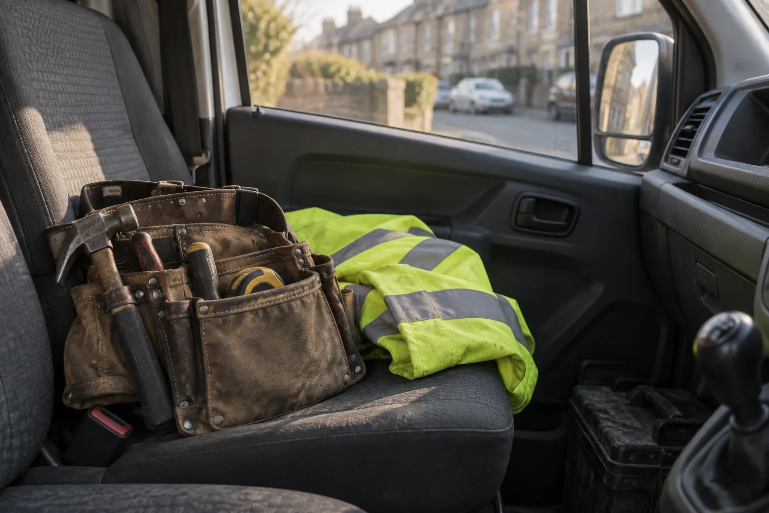 A tool belt and a folded hi-vis jacket on a van seat in morning light.