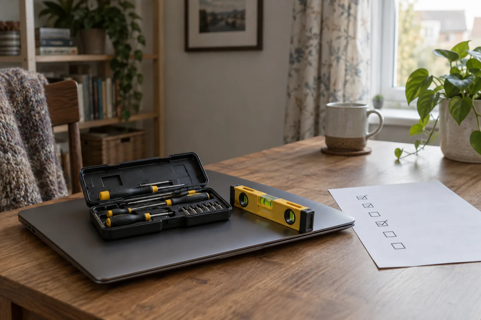 A small toolkit on a closed laptop beside a printed checklist.