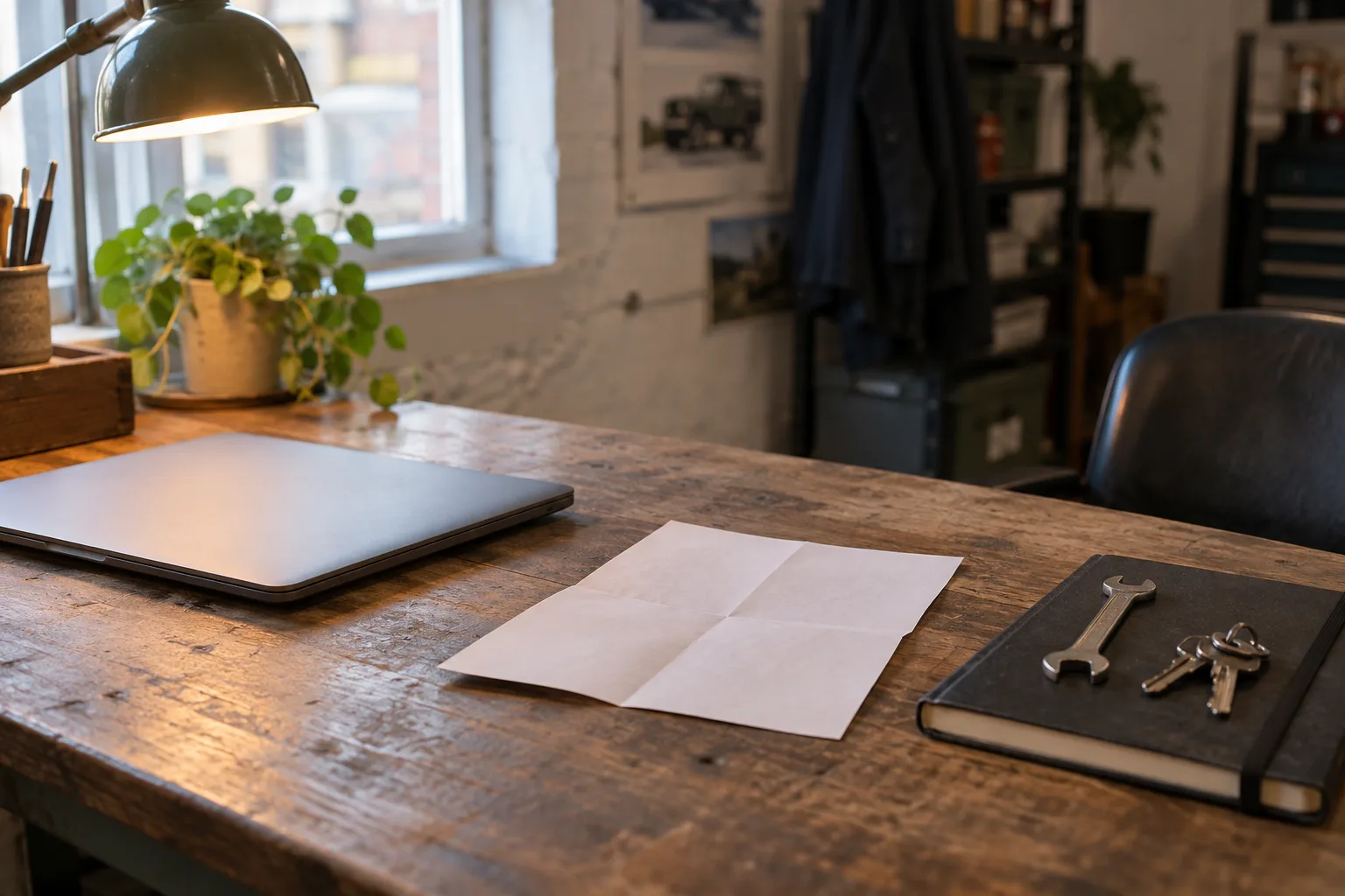 A desk with a folded invoice, a closed laptop, keys and a small spanner on a notebook.