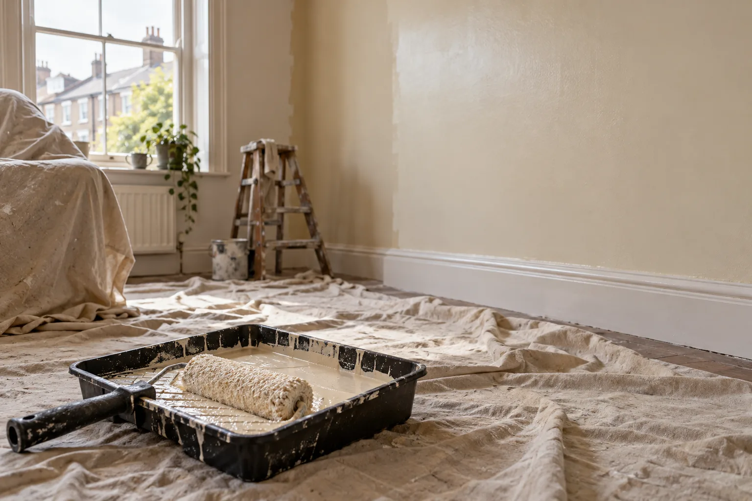 A room mid-renovation with dust sheets, a paint tray and one freshly painted wall.