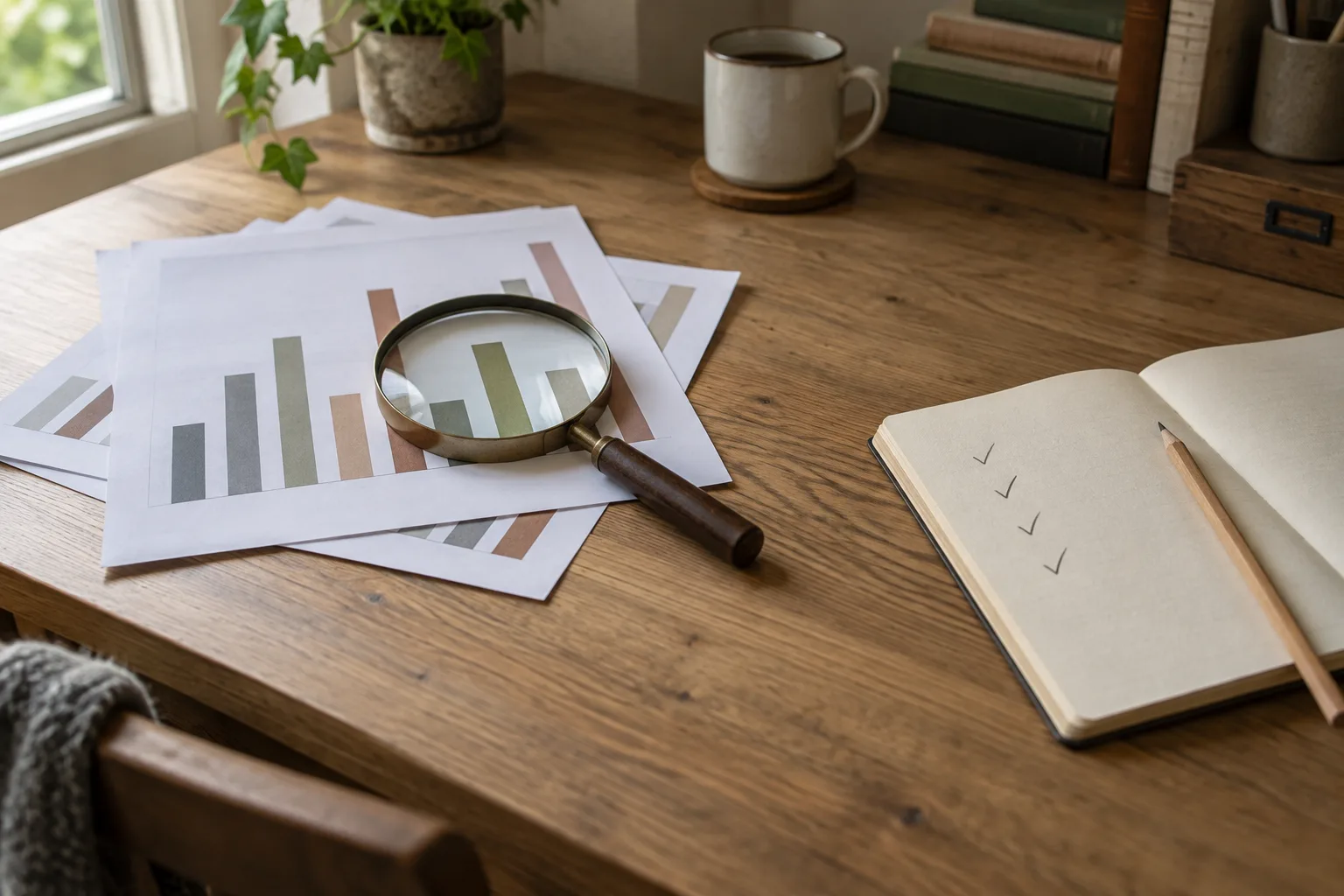 A magnifying glass on printed bar charts and a ticked notebook.