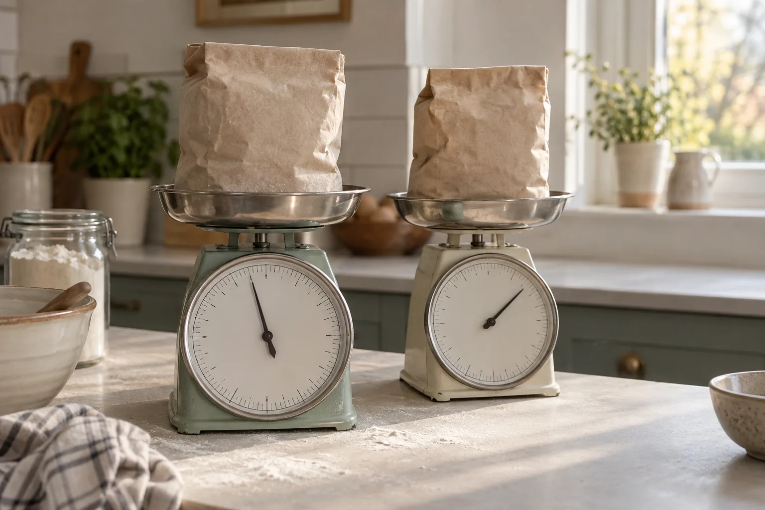 Two kitchen scales weighing the same bag of flour with needles in different places.
