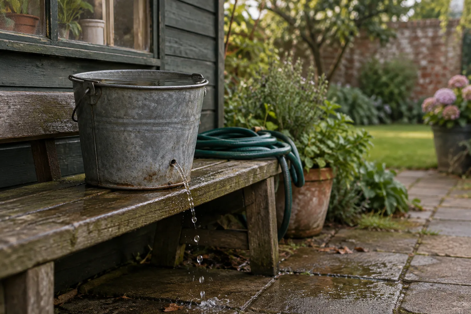 A bucket leaking from a small hole on a garden bench.