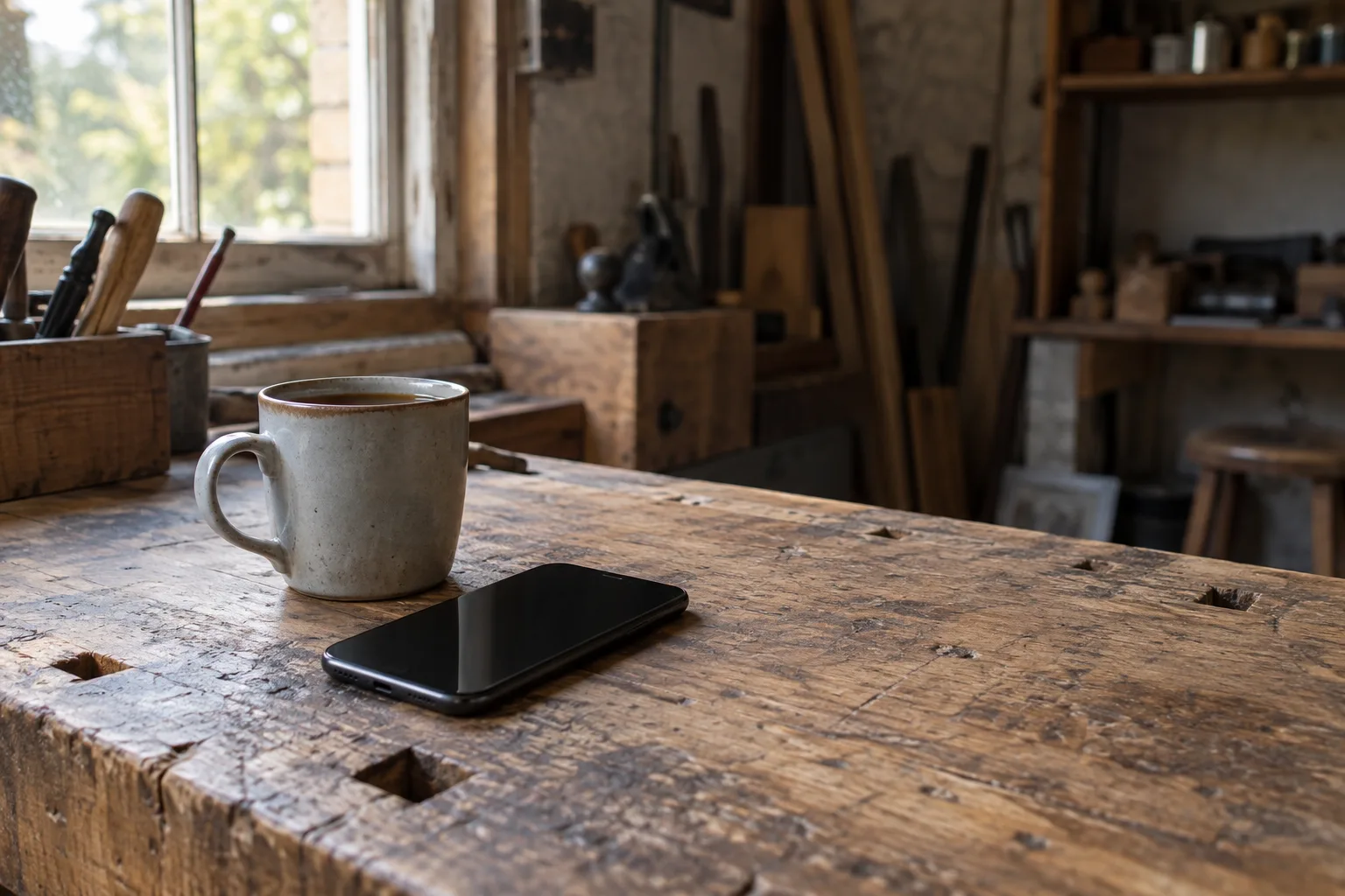 A silent phone on a workbench next to a cold cup of tea.