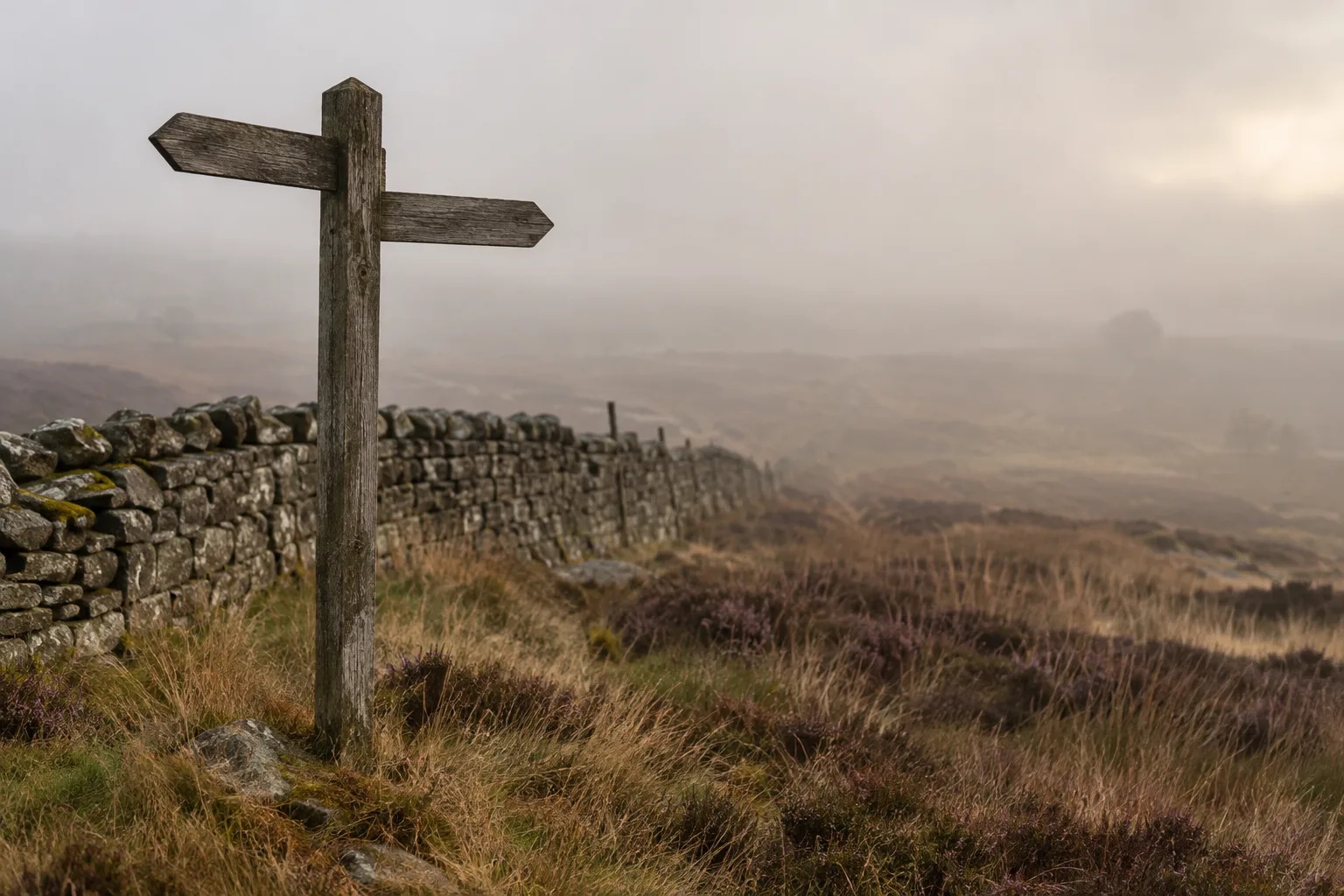 A blank signpost on a foggy moor with a stone wall behind.