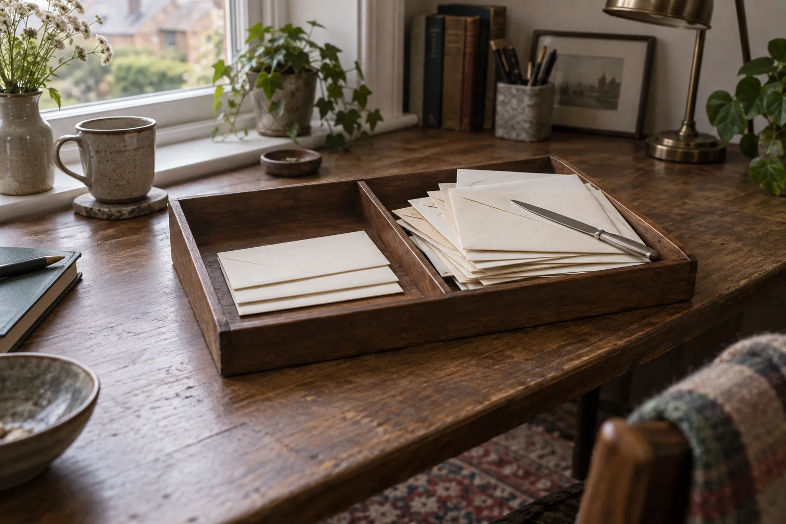 Envelopes sorted on a desk, a small set to one side and a larger pile set aside.