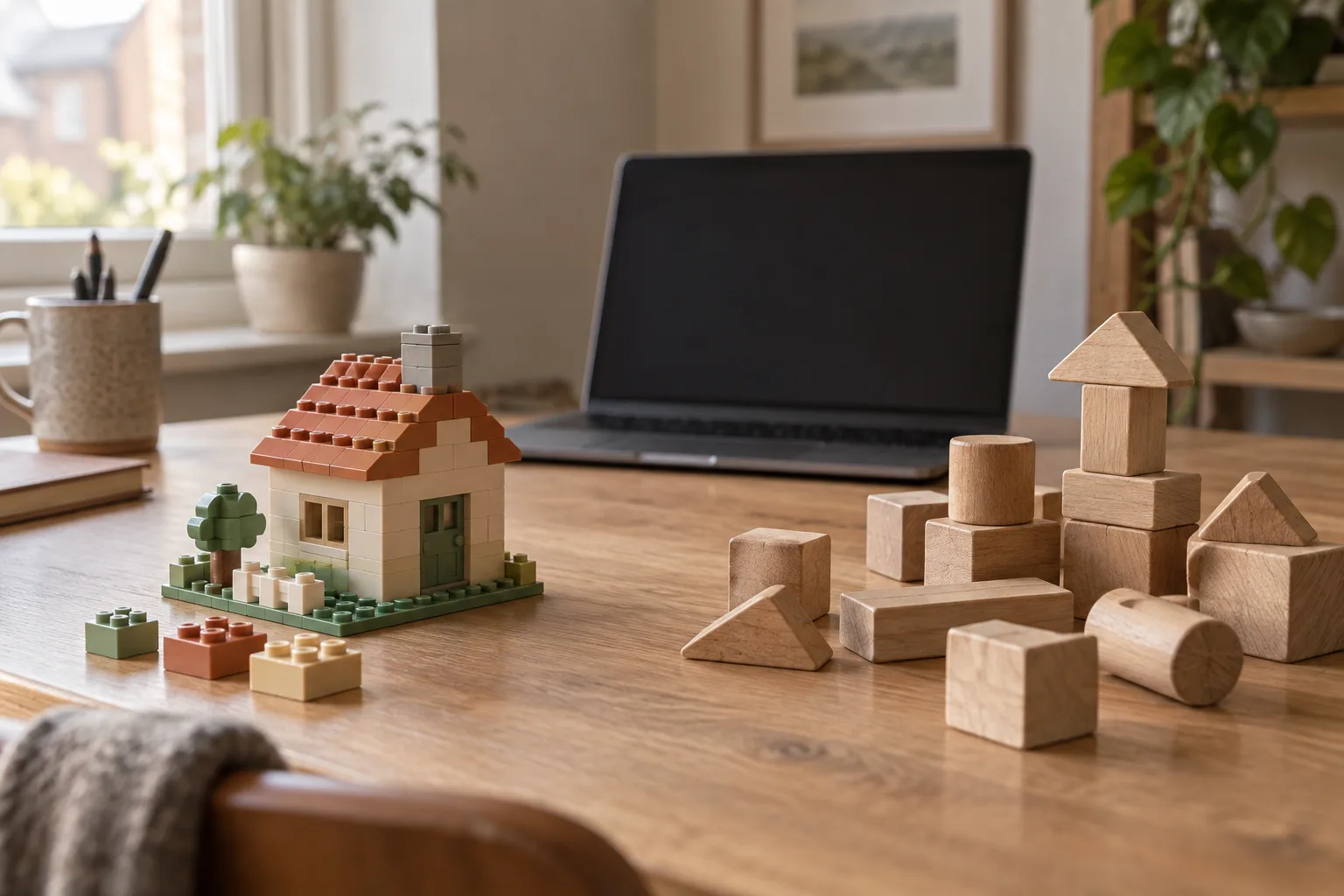 A neat plastic building kit beside loose wooden blocks on a desk.